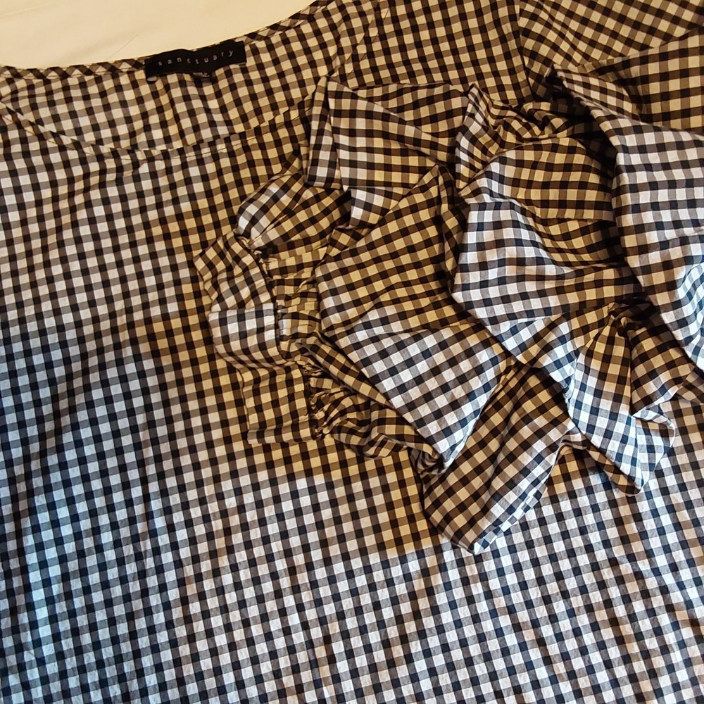 SANCTUARY Women's Large Blouse Triple Puff Sleeve Cotton Gingham Black White